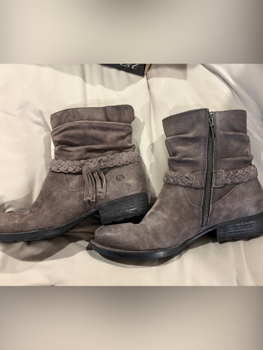 Born Taupe Suede Ankle Boots with Braided Trim